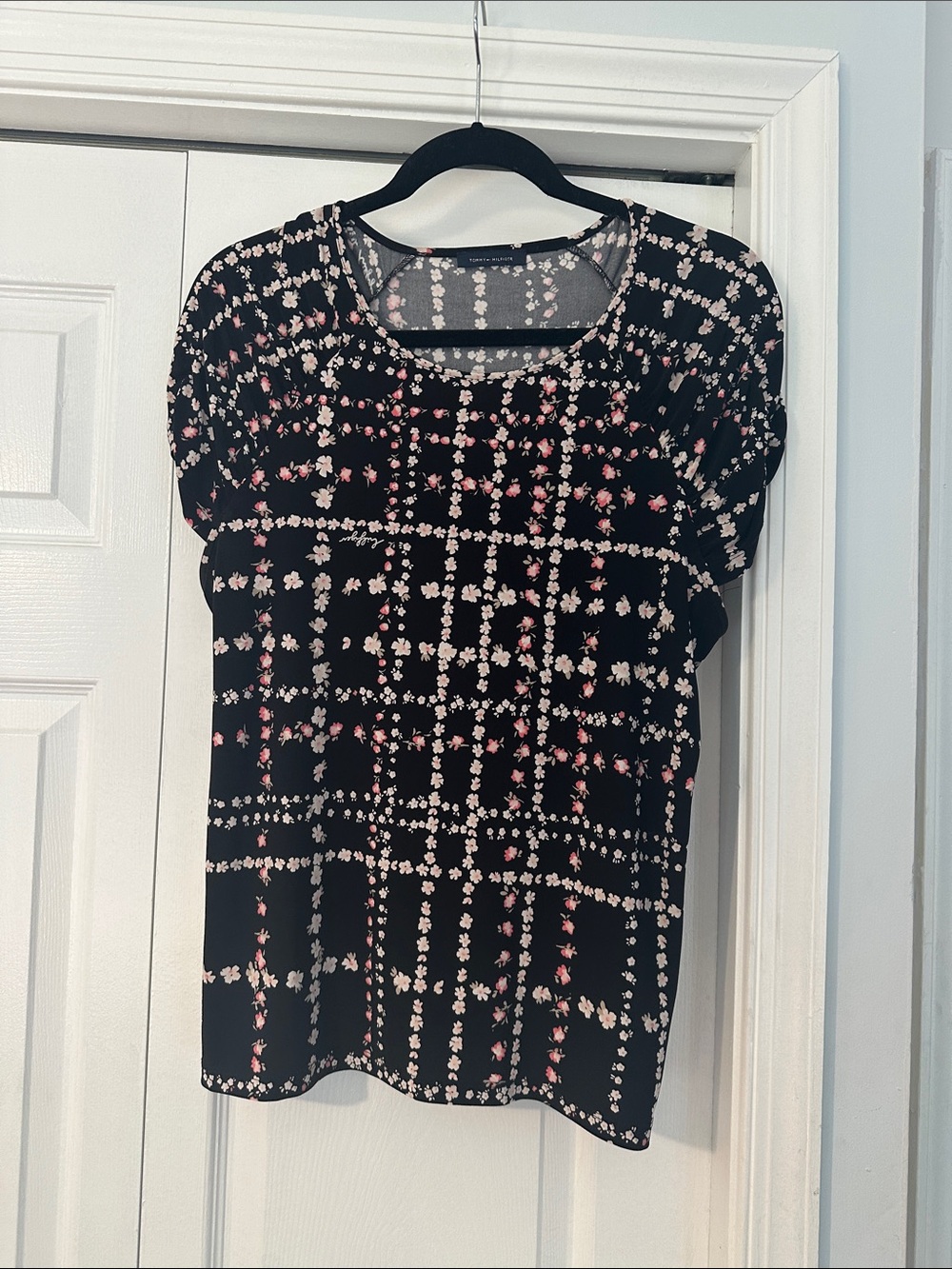 Tommy Hilfiger Black Floral Grid Short Sleeve Blouse with Pink & White Flowers